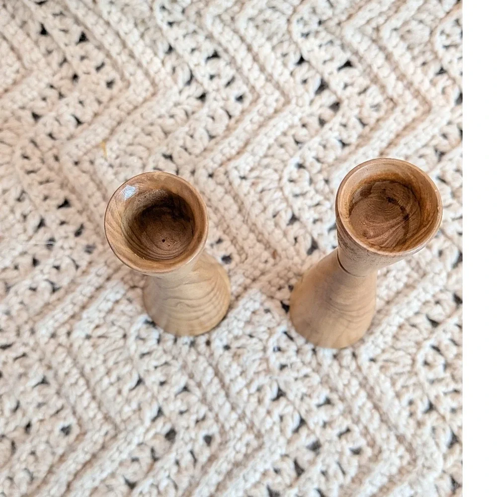 Vintage Mid Century Modern Wood Taper Candle Holders Set 2 Hourglass Minimalist